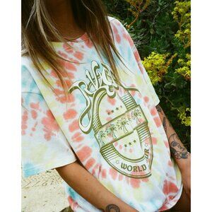 RVCA World Tour Tee Sz XS White Multicolor TieDye Graphic Print Oversized Cotton